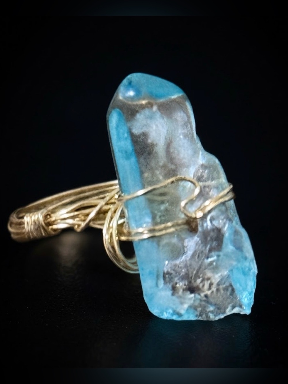 Artisan Gold-Wrapped Blue Crystal Statement Ring